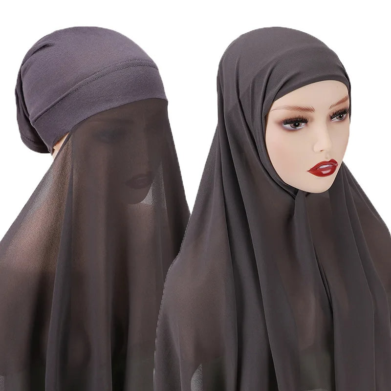 2 In 1 Chiffon Hijab Scarf With Jersey Inner Cap All In 1